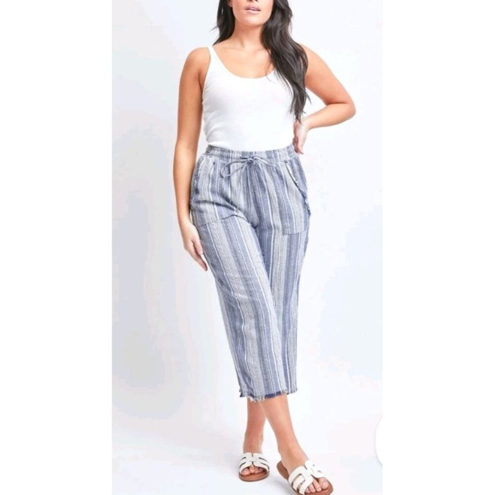 Royalty For Me Blue Striped Boho High Rise Linen Capri Pant with Fraying Size XL
